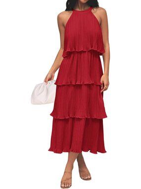 Womens Summer Halter Ruffle Wedding Guest Midi Dresses